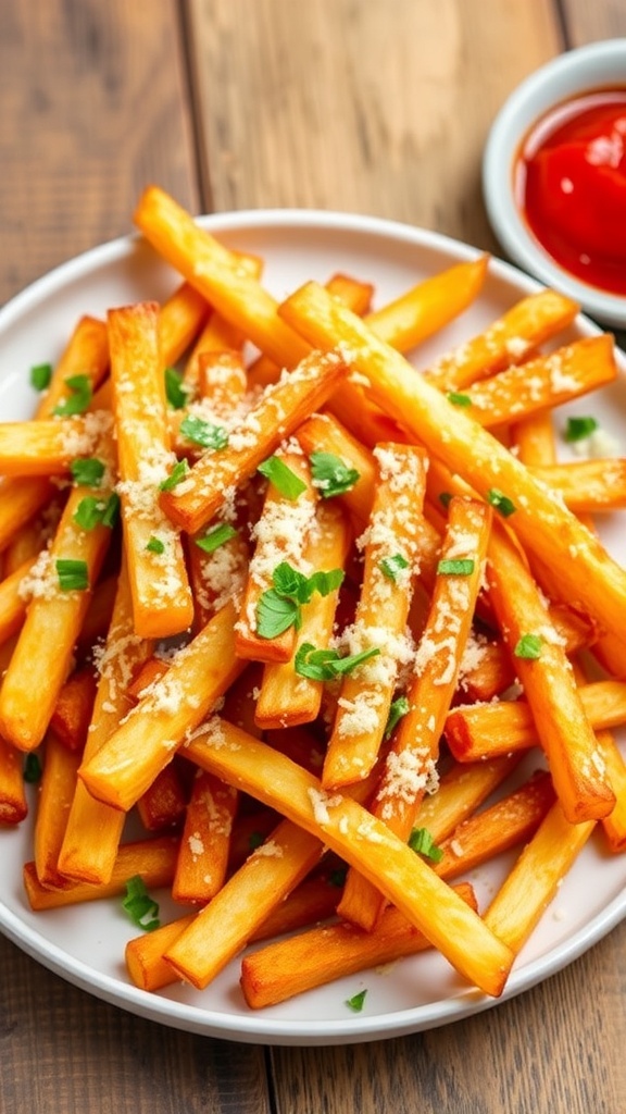 Crispy Parmesan Air Fryer Fries Recipe Crispy air fryer fries topped with Parmesan cheese and parsley on a rustic table with marinara sauce.